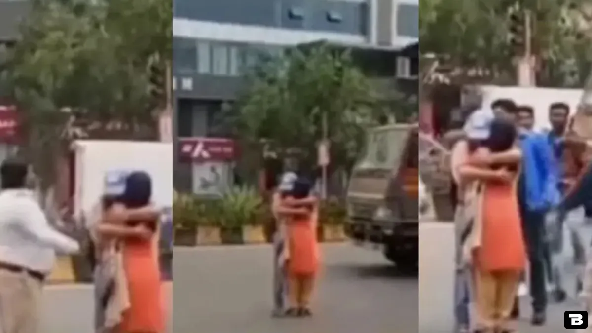 love birds block traffic while hugging