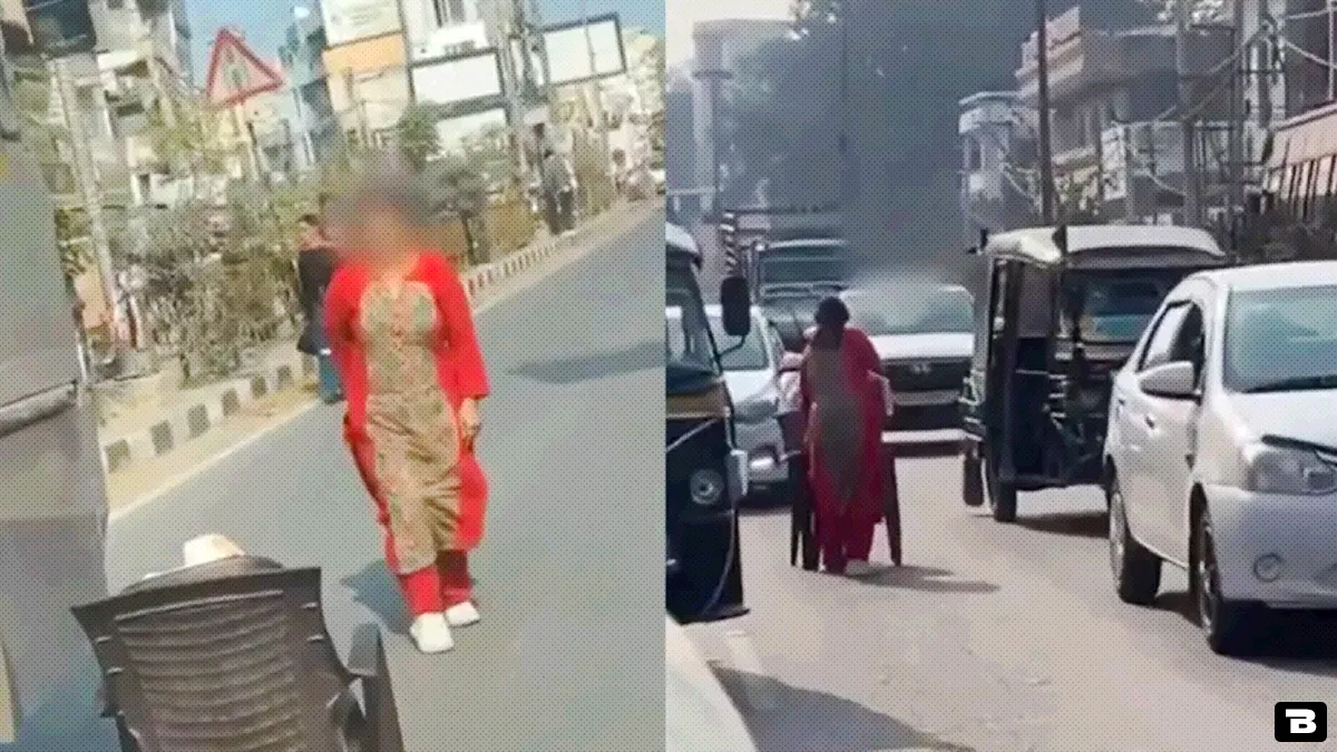 middle aged woman causes traffic jam