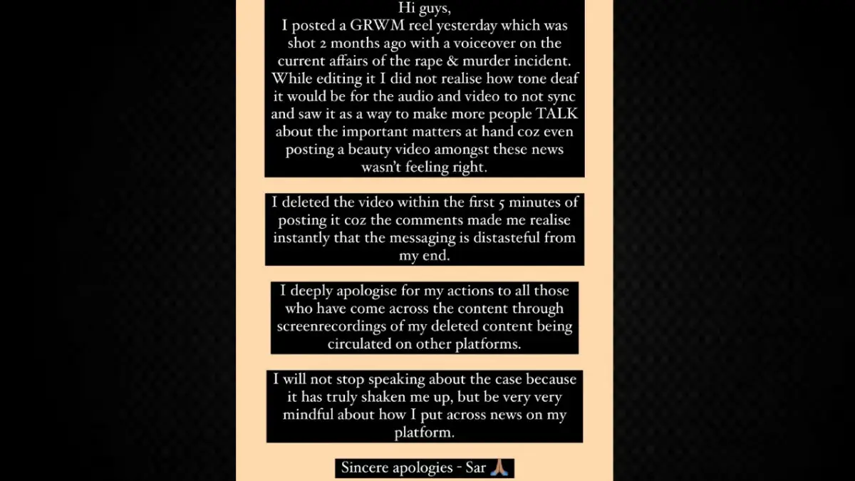 Apology note shared on Instagram story