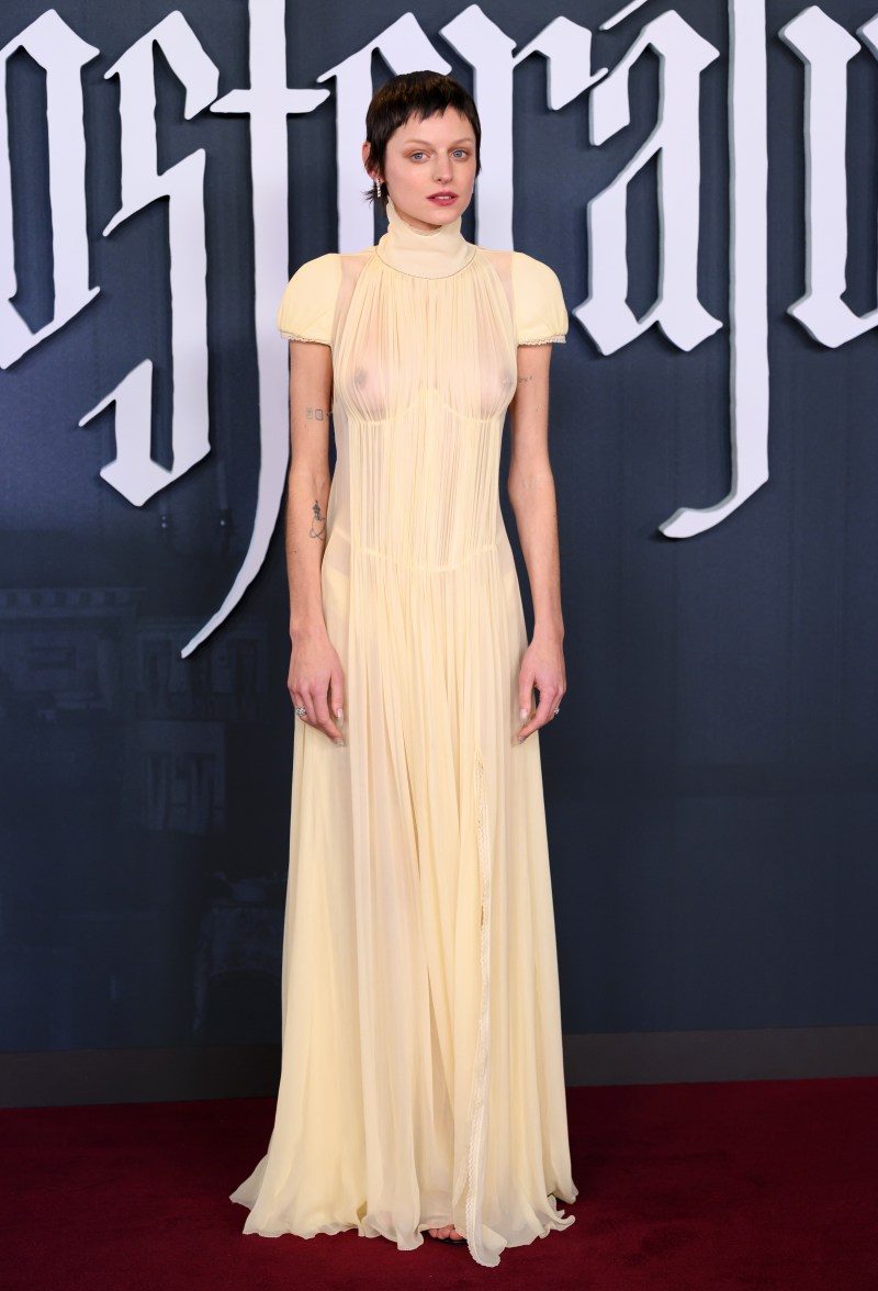 LONDON, ENGLAND - DECEMBER 04: (EDITOR'S NOTE: This image contains partial nudity) Emma Corrin attends the "Nosferatu" UK Premiere at Odeon Luxe Leicester Square on December 04, 2024 in London, England. ()