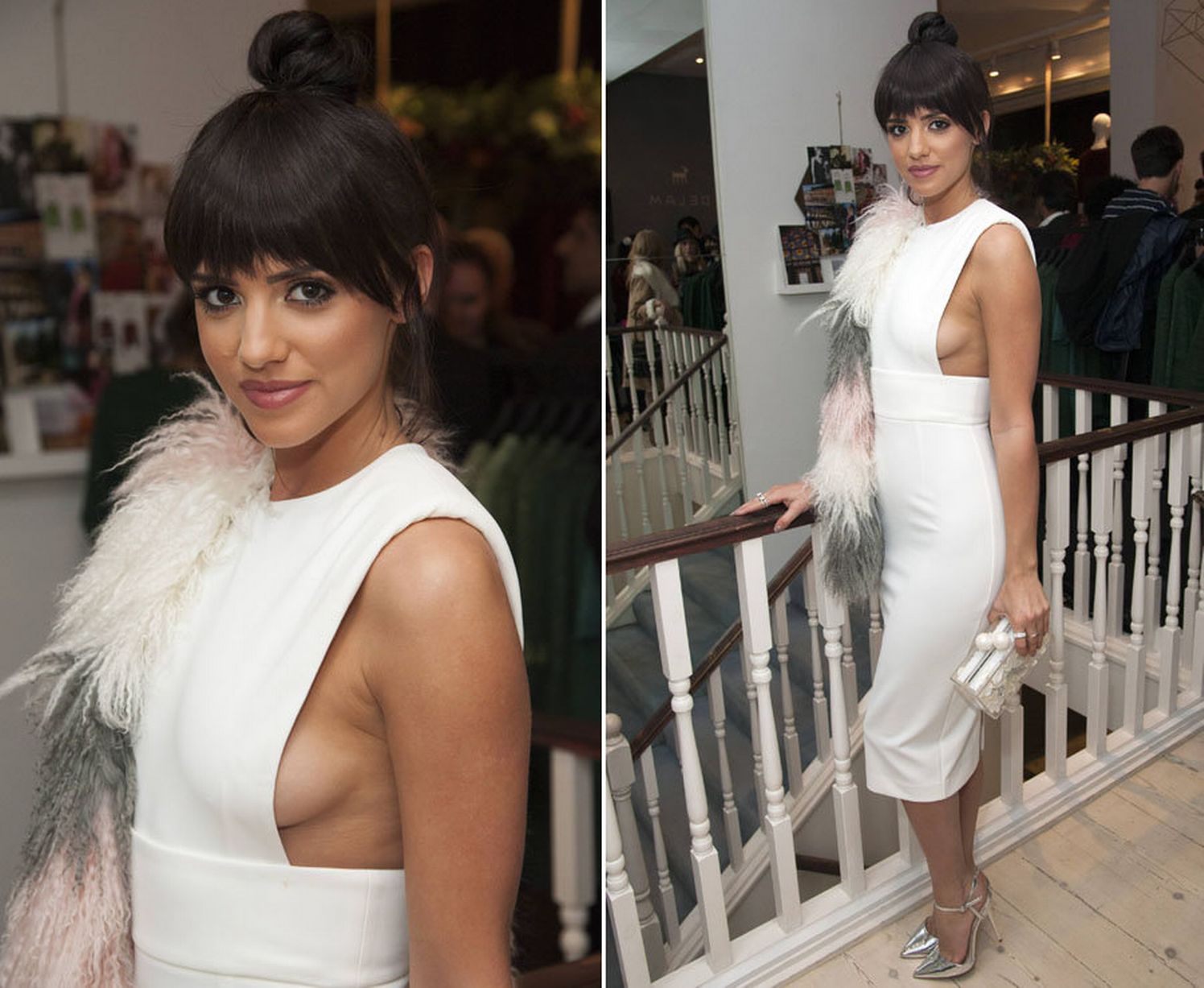 Lucy Mecklenburgh attends a fashion show in a dress that shows sideboob
