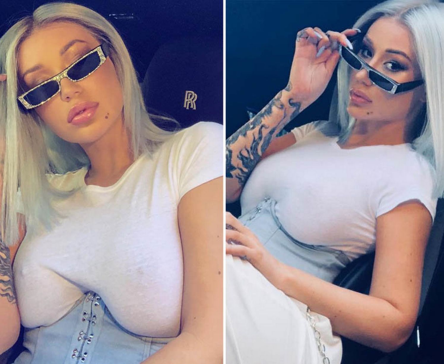 Iggy Azalea lays chest bare in tight t-shirt stretched see-through