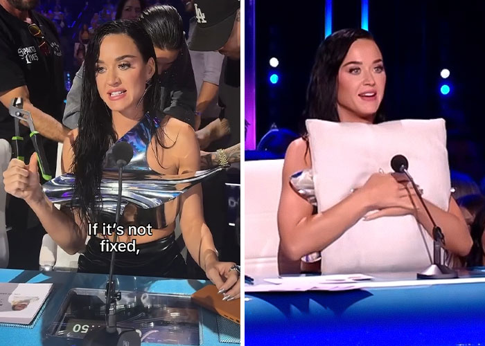 Pop star wearing a metallic top experiencing a celebrity wardrobe malfunction at a televised talent show panel. Pop star wearing a metallic top experiencing a celebrity wardrobe malfunction at a televised talent show panel.