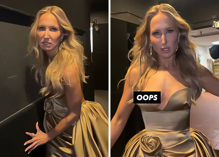 Blonde woman in a gold dress experiencing an embarrassing celebrity wardrobe malfunction backstage. Blonde woman in a gold dress experiencing an embarrassing celebrity wardrobe malfunction backstage.