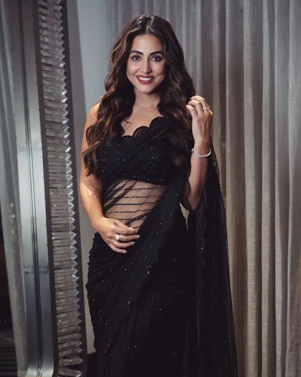 hina khan navel sheer black saree tv actress