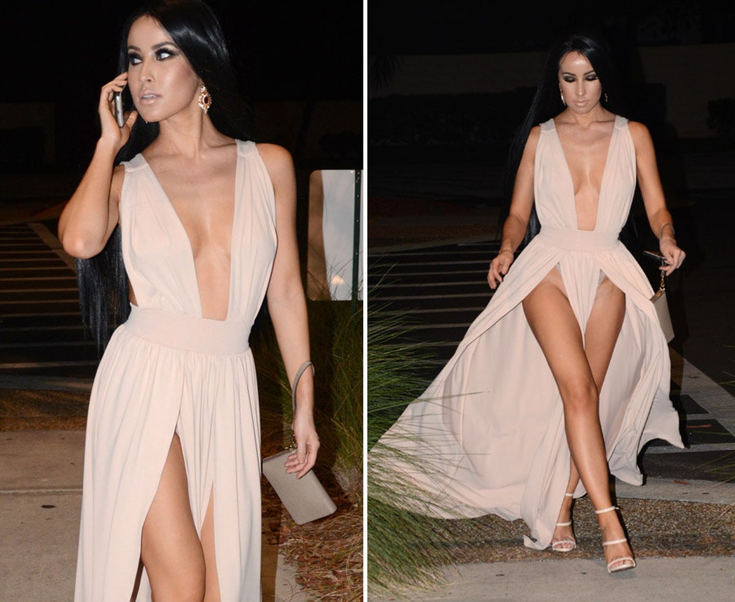 Lisa Opie flashes her underwear in a nude dress