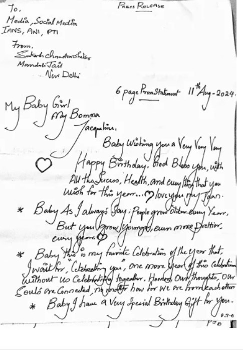 Sukesh's letter on Jacqueline's birthday