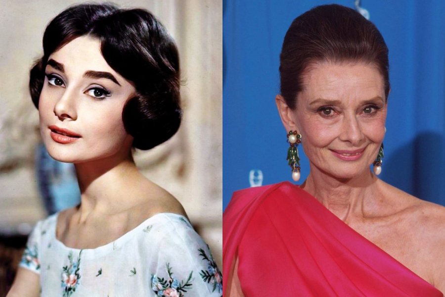 Side-by-side portraits of Audrey Hepburn, young on the left with classic 1950s makeup and a floral dress, and older on the right in a vibrant pink gown with statement earrings, smiling gently.