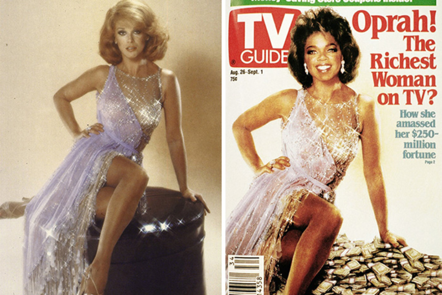 Side-by-side images showing an original photo of a woman in a sparkling lavender gown seated on a black ottoman, and a TV Guide cover with Oprah Winfrey's face edited onto the same body, now surrounded by stacks of money. The TV Guide cover includes the headline “Oprah! The Richest Woman on TV?”