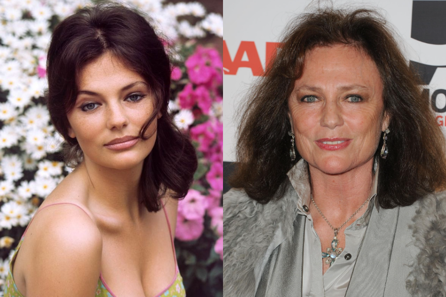 A young Jacqueline Bisset posing in front of pink and white flowers with soft makeup and dark hair, paired with an older photo of her at an event with wavy hair and a silver outfit.