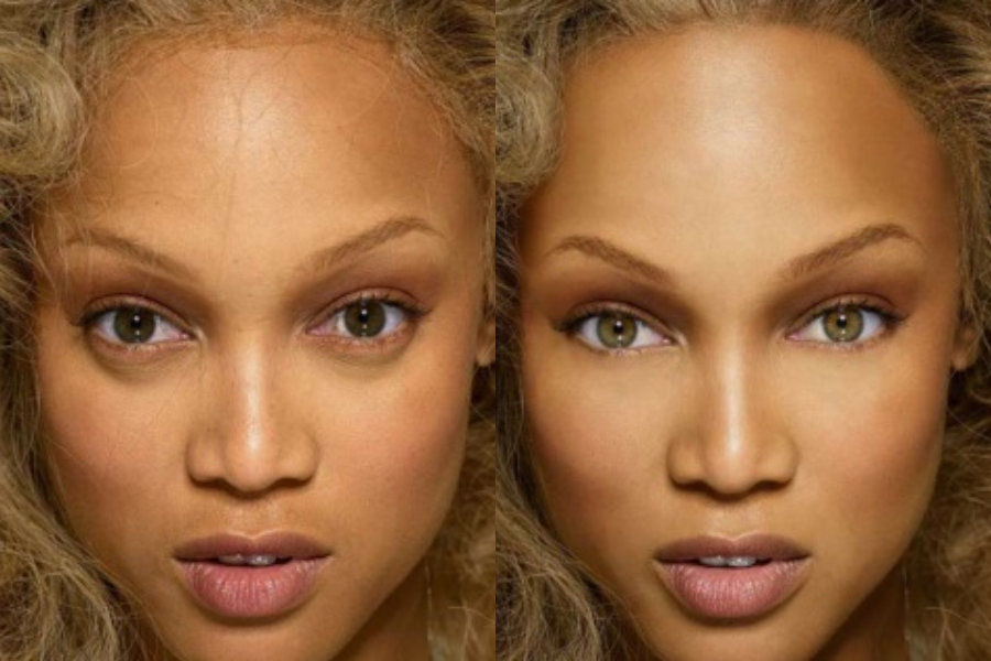 Side-by-side close-up portraits of a woman with curly blonde hair, hazel eyes, and nude lipstick. The left image shows natural skin texture and fine lines, while the right image presents a digitally retouched version with smoother skin, brighter eyes, and enhanced symmetry.
