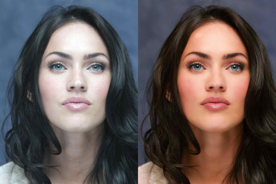 Side-by-side close-up images of a woman with long dark hair, blue eyes, and light pink lipstick, set against a soft blue background. The left image shows natural skin with visible texture and subtle makeup, while the right image is a retouched version with flawless skin, enhanced blush, and slightly fuller lips.