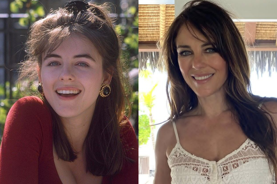 Elizabeth Hurley in a casual outdoor photo with bold earrings and a red top, shown beside a more recent vacation photo in a white crochet dress, smiling.