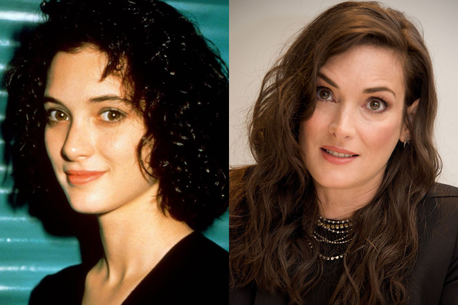 Winona Ryder with short dark curls and a subtle smirk in her youth, next to a current photo with longer wavy hair and a curious expression.