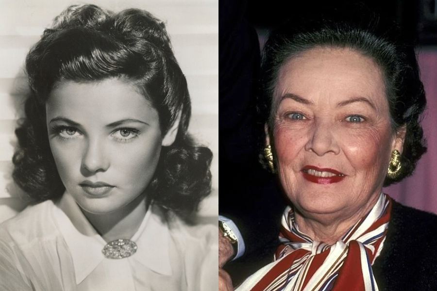Gene Tierney in a vintage portrait with structured curls and intense eyes, contrasted with an older photo showing her in formal attire and bold lipstick.