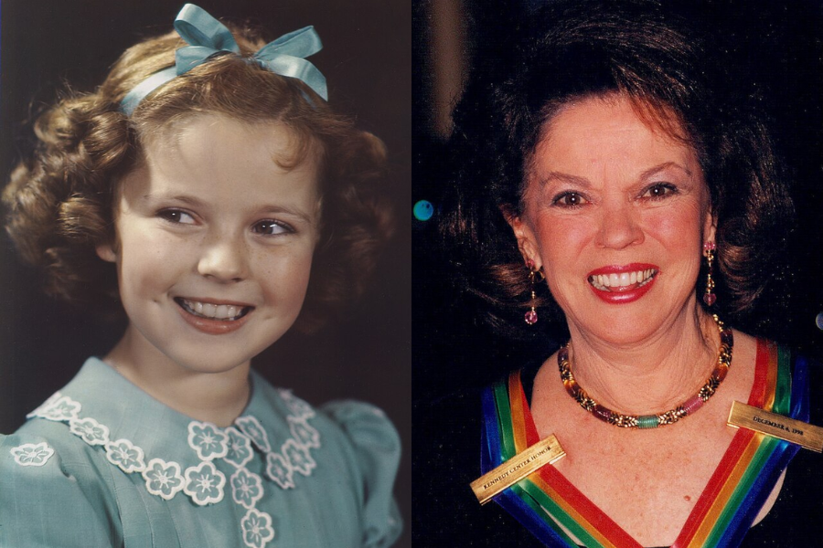 Childhood portrait of Shirley Temple in a blue dress with a matching bow, beside a later-life image where she wears a medal and smiles broadly.